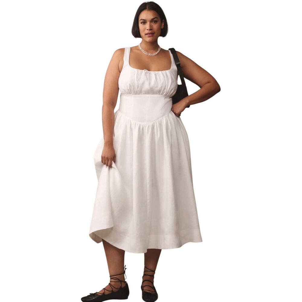 $278 REFORMATION Balia Linen Midi Dress - White, Size:12 Anthropologie